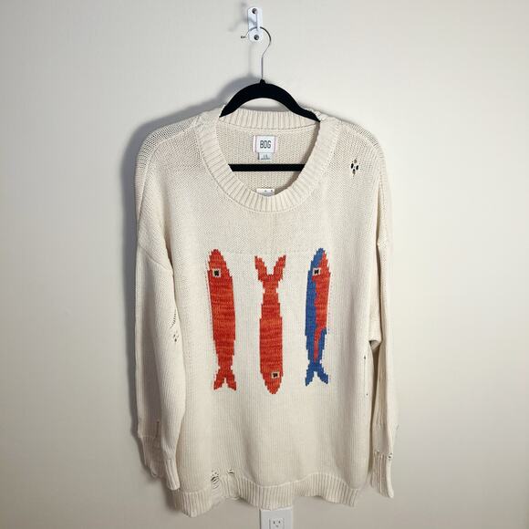 BDG Kurt Fish Graphic Distressed Oversized Fisherman Sweater Size Large New - Picture 7 of 9